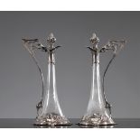 Pair of Art Nouveau carafes with floral decoration and young women 1900