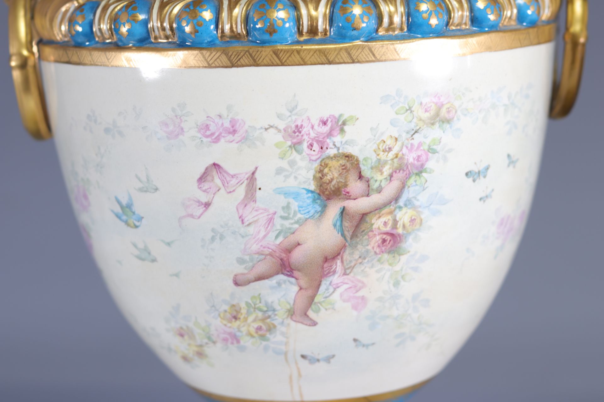 Sevres imposing pair of vases decorated with romantic scenes and cupids in gilded bronze - Image 6 of 8