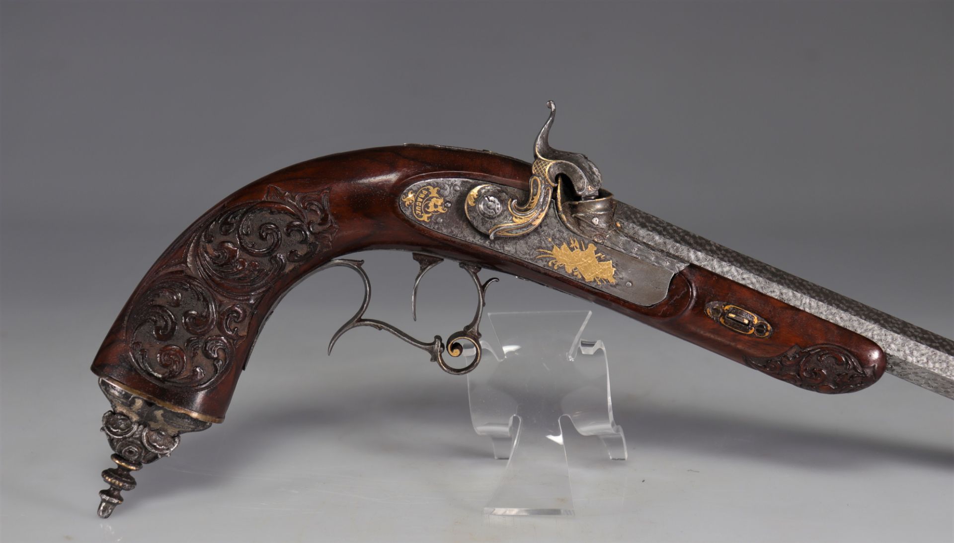 Sumptuous Prague pistol "Anton Vinzenz Lebeda" octagonal damascus barrel with gold inlay and signatu - Image 4 of 7