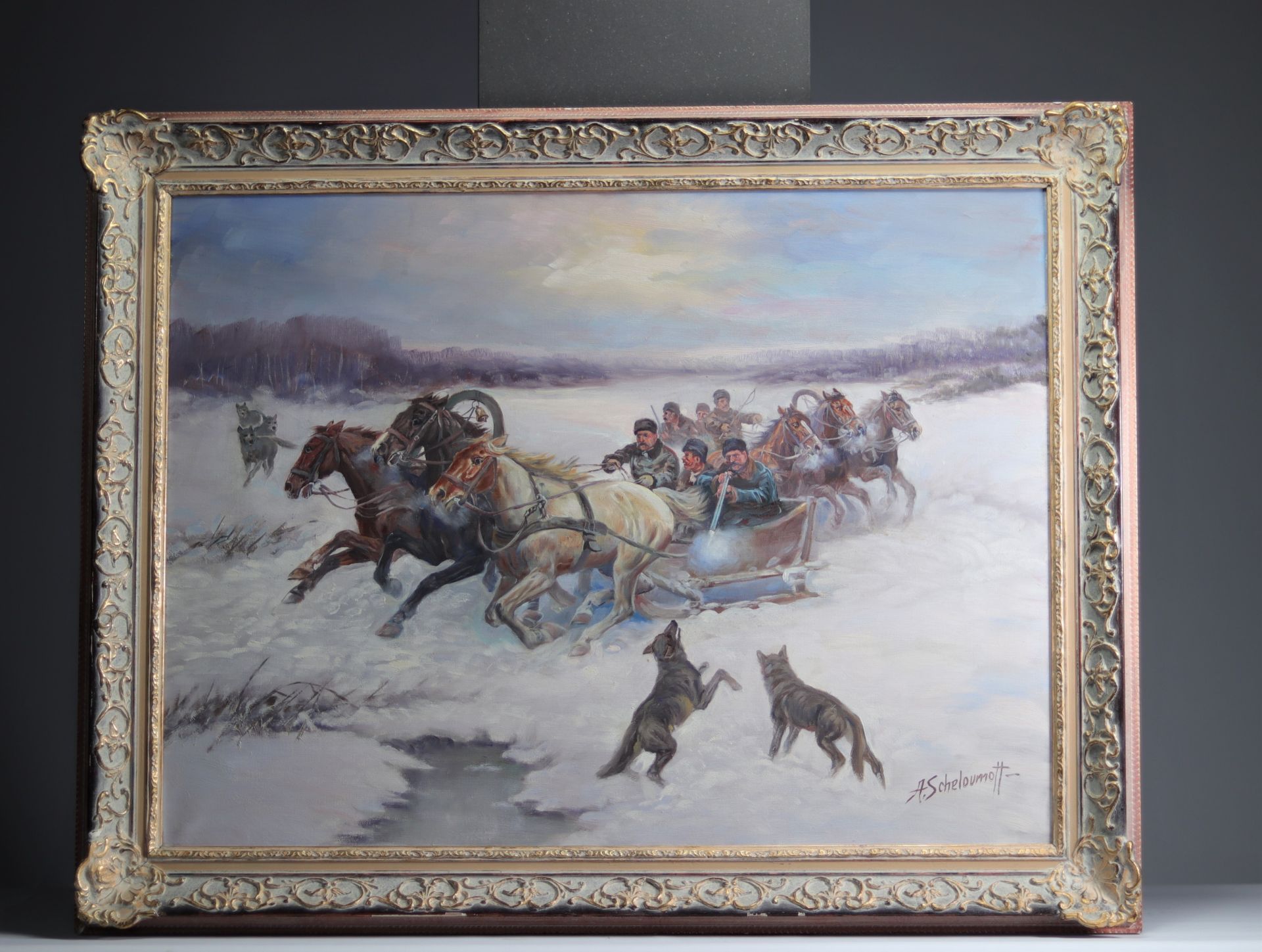 Alexander SCHELOUMOFF (1892-1963) Russian Oil "the wolf hunt" - Bild 2 aus 2