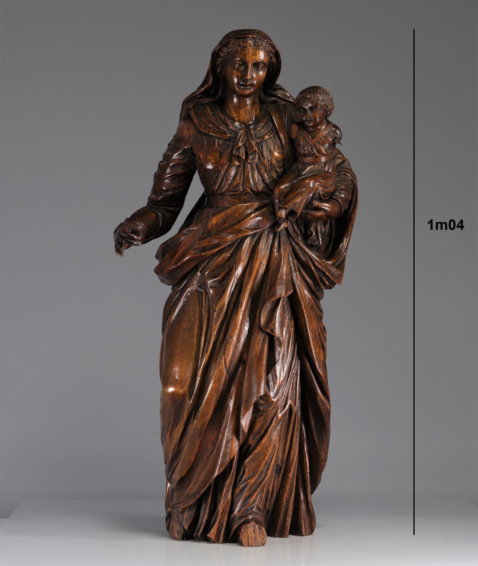 Large Virgin and Child in carved wood from Flanders, Belgium 17th century