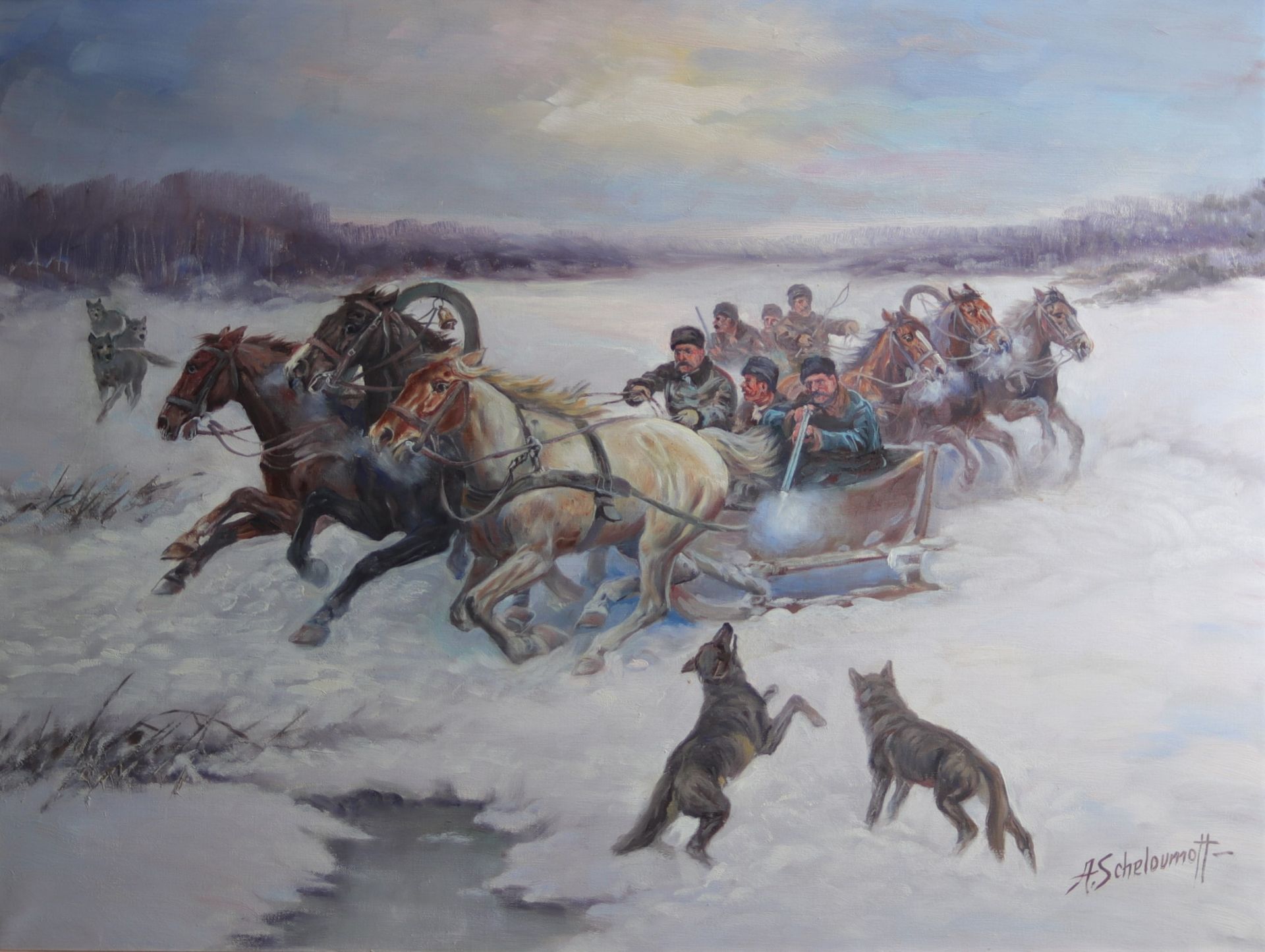 Alexander SCHELOUMOFF (1892-1963) Russian Oil "the wolf hunt"