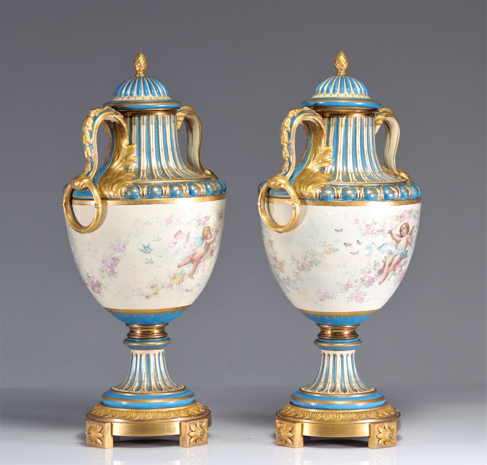 Sevres imposing pair of vases decorated with romantic scenes and cupids in gilded bronze - Image 3 of 8