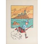 Tintin "The Black Island" watercolor print Studios Herge 1944