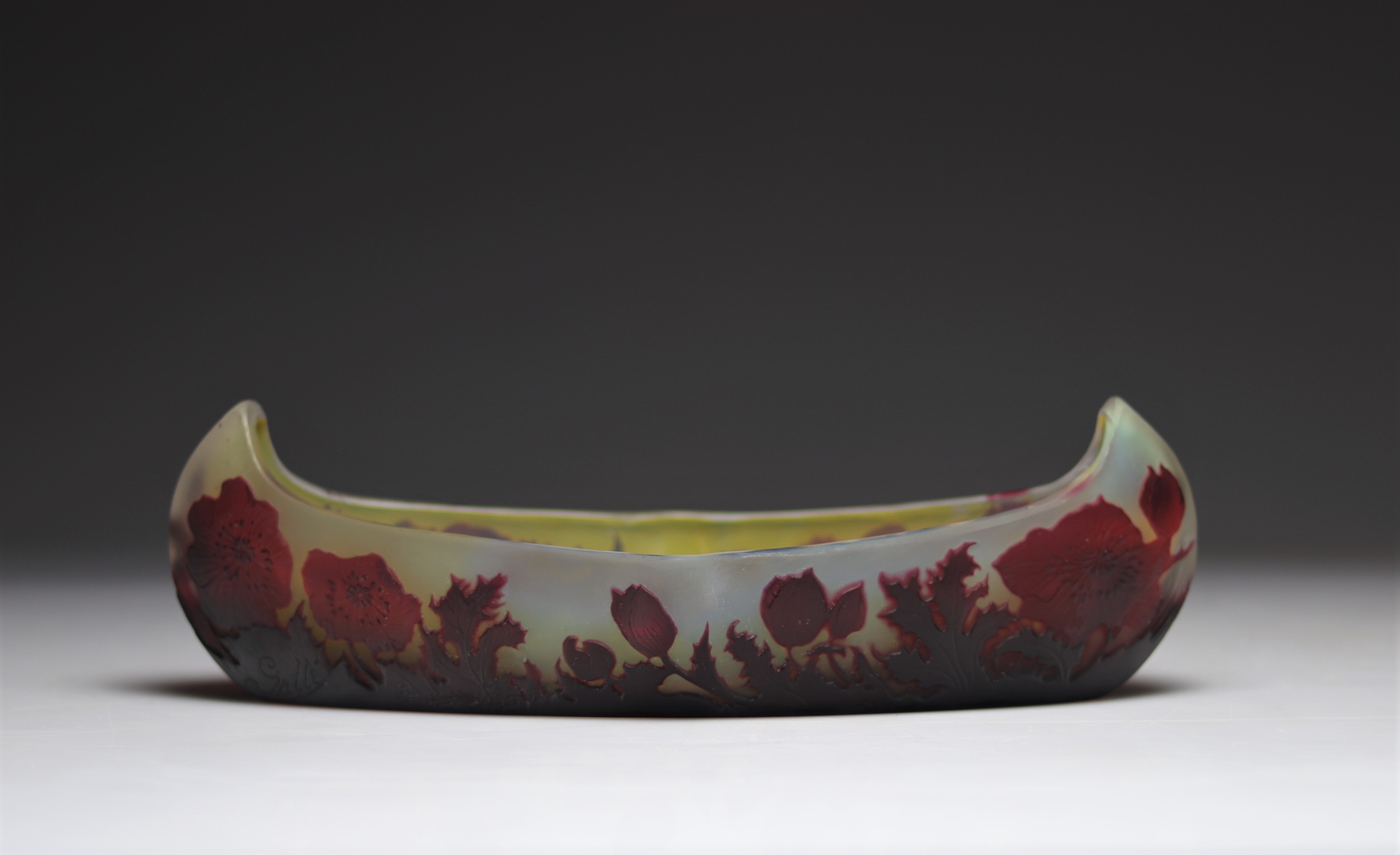 Emile Galle canoe-shaped planter with floral decoration