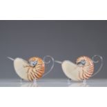 Pair of nautiluses mounted in jugs and silverware