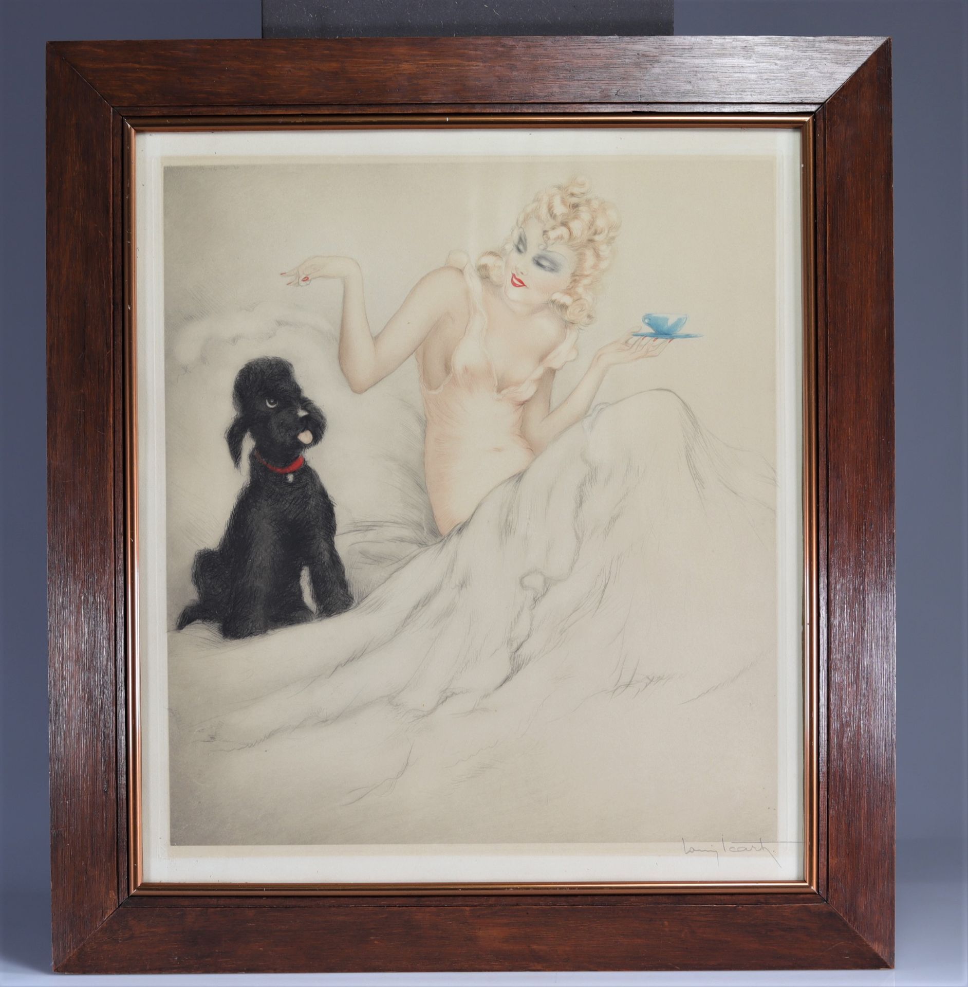 Louis ICART (1888-1950) Etching and aquatint in color "young with a poodle" - Image 2 of 2