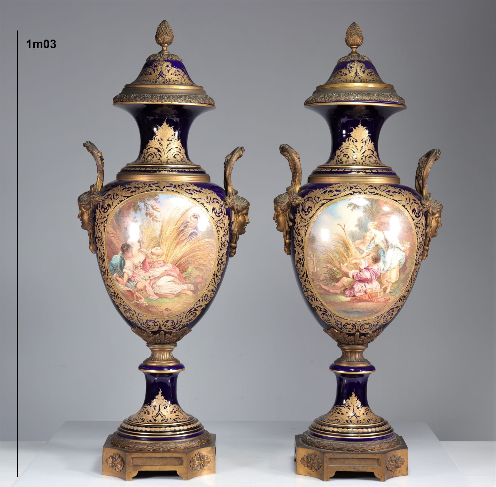 Monumental pair of Sevres vases with romantic decorations "offered to Princess Lamballe"