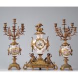 Imposing pendulum and candelabra set in porcelain and bronze