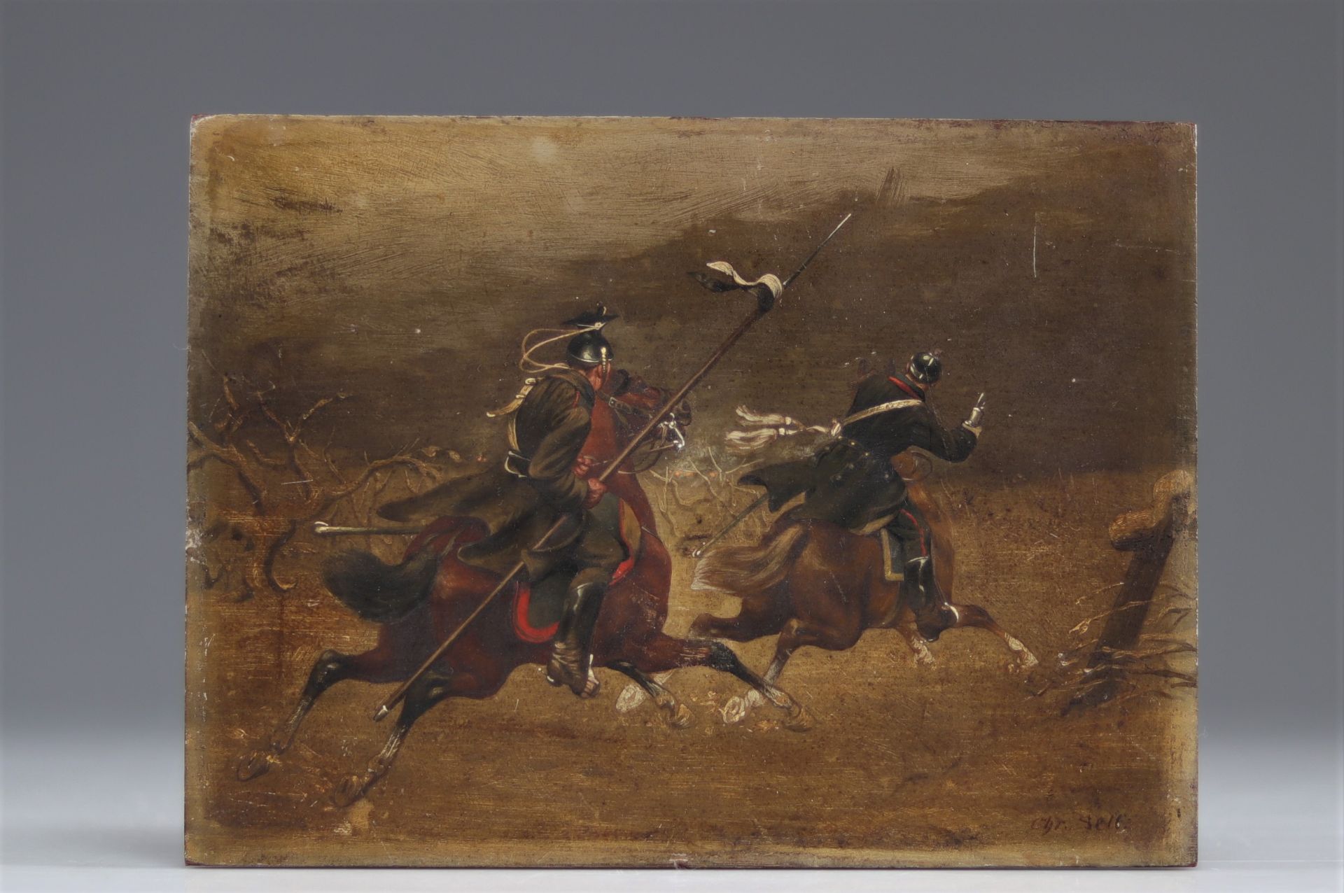 Oil on wood 19th century war scene