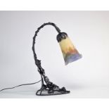 Art Nouveau lamp in wrought iron decorated with flowers signed "Gauthier Depose" tulip in coloured g