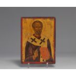 Greek icon "Saint Nicolas" canvas glued on wood 19thÂ century