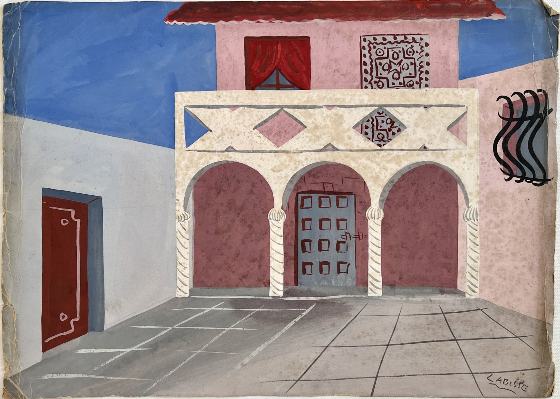 Felix LABISSE (1905-1982) Gouache on paper, project for a play "Gallery of the palace at night"