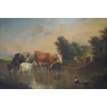 Henry SCHOUTEN (1857/64-1927) Large oil on canvas "cows and goats by the water"
