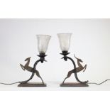 Pair of Art Deco stag lamps, the base signed by Michel Zadounaisky (1903-1983) and the candle rings