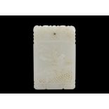 Rectangular white jade pendant carved in bas-relief on both sides with a fisherman on one side and c