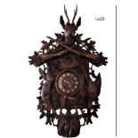 Very imposing (1m22 ) Black Forest cuckoo clock in walnut showing a sculture of a roe deer, hare and