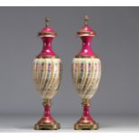 Sevres pair of covered porcelain "cassolette" vases decorated with friezes and flowers with a bronze