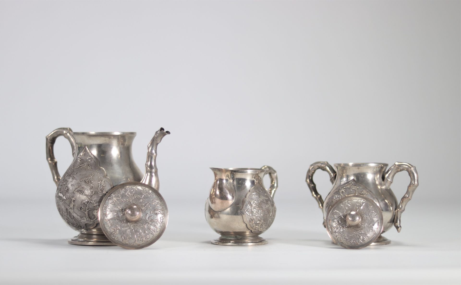 Chinese sterling silver service decorated with landscapes and handles decorated with bamboo probably - Image 3 of 5