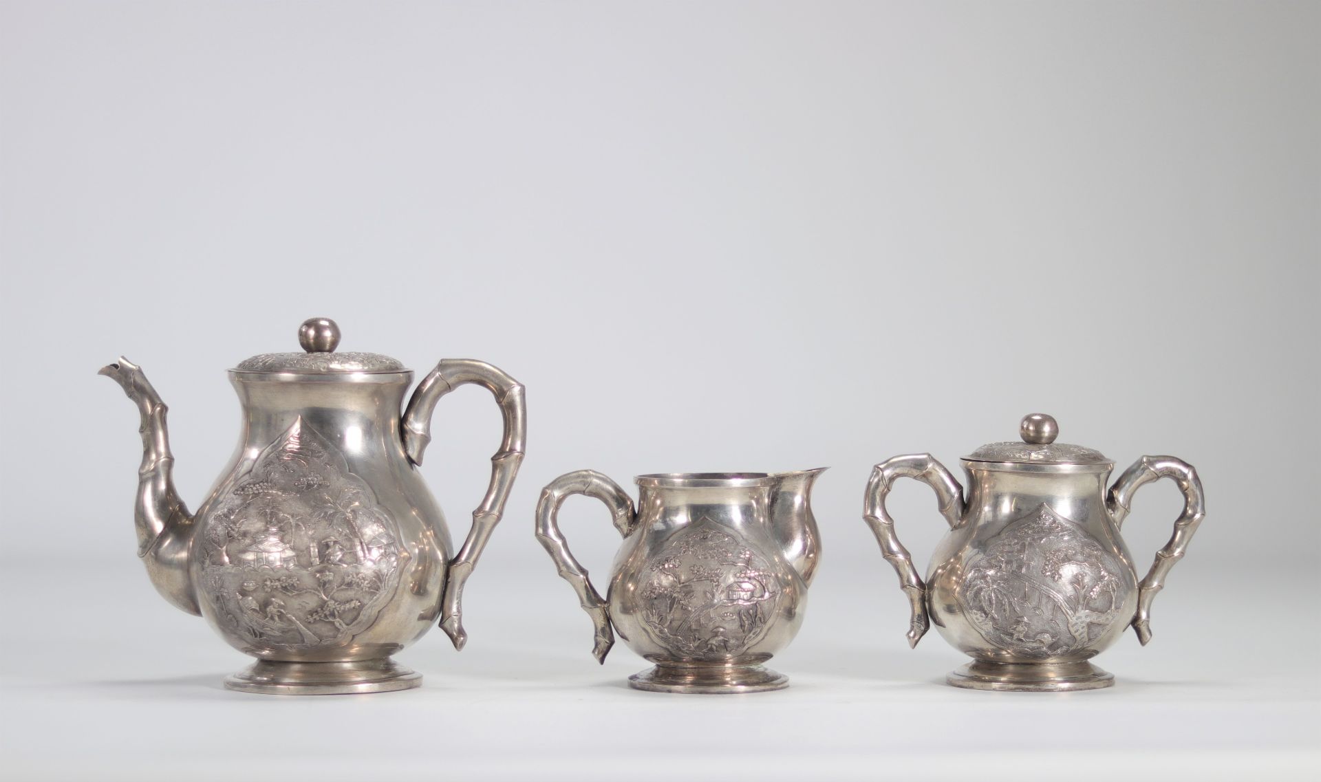 Chinese sterling silver service decorated with landscapes and handles decorated with bamboo probably - Image 4 of 5