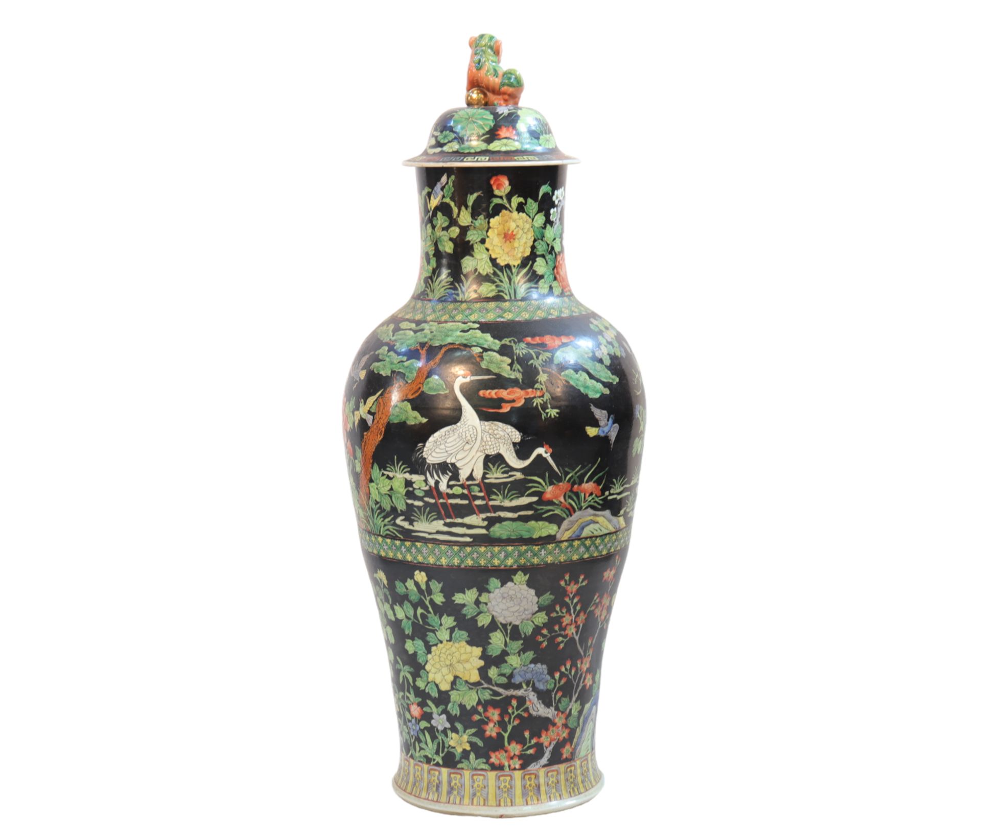 Covered vase from the Famille Noire decorated with flowers and birds from the 19th century - Image 2 of 5