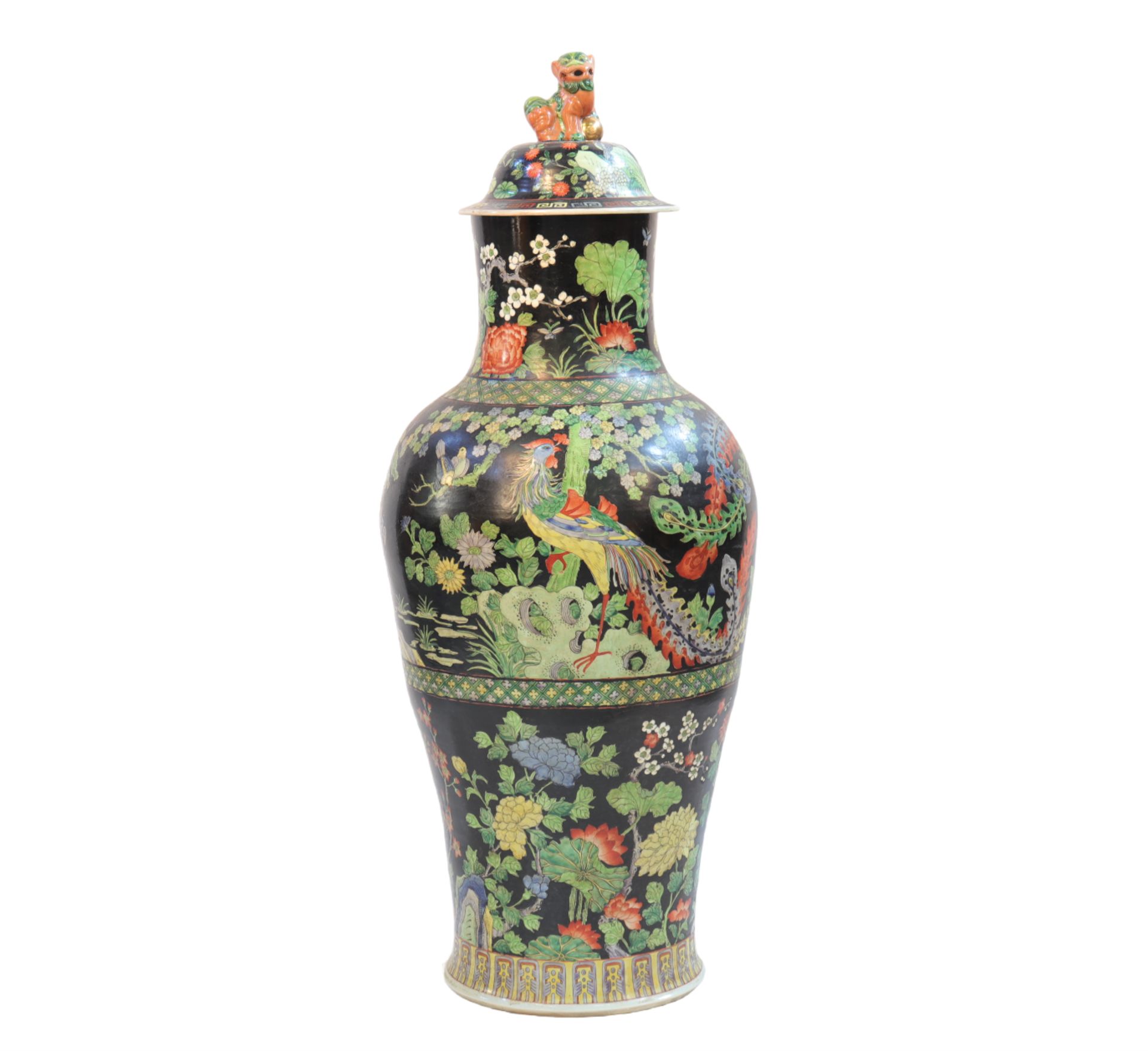 Covered vase from the Famille Noire decorated with flowers and birds from the 19th century - Image 3 of 5