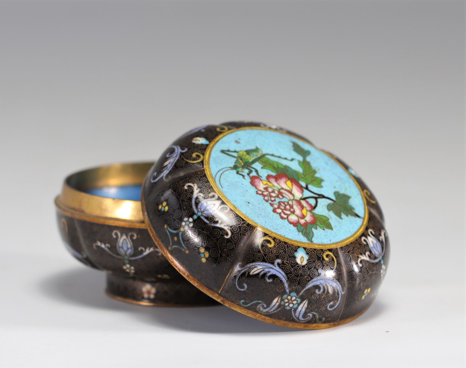 A beautiful cloisonne enamel box decorated with a cricket on a flower from the 19th century from Mei - Image 2 of 5