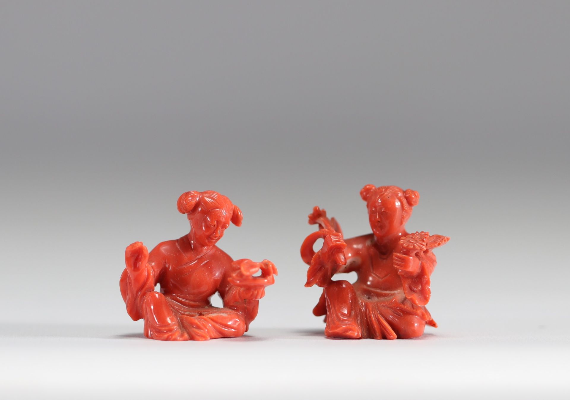 Red coral sculptures of young Chinese women, late 19th century