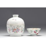 Covered pot and bowl in Famille Rose porcelain decorated with figures and peaches