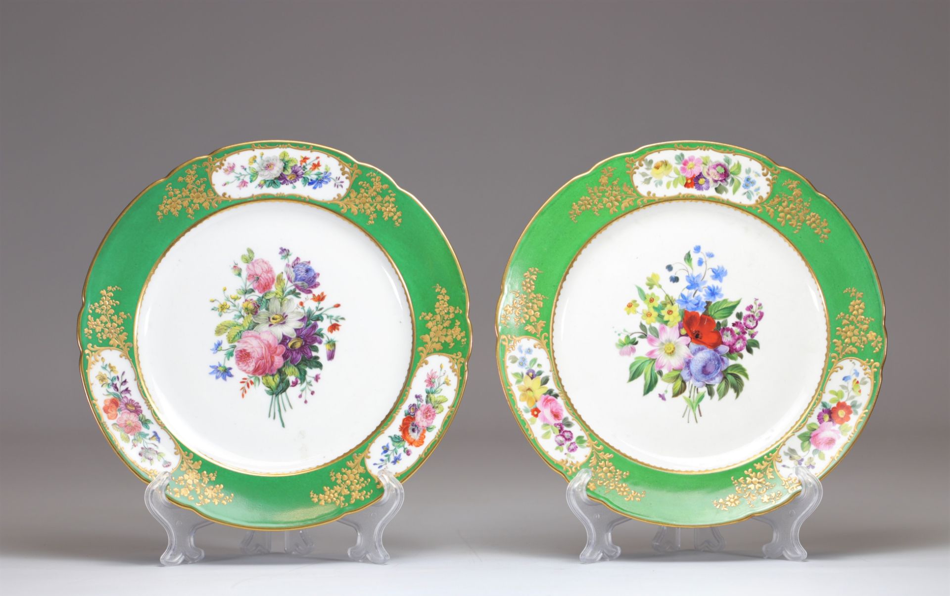 Sevres Paris pair of plates decorated with bouquets of flowers