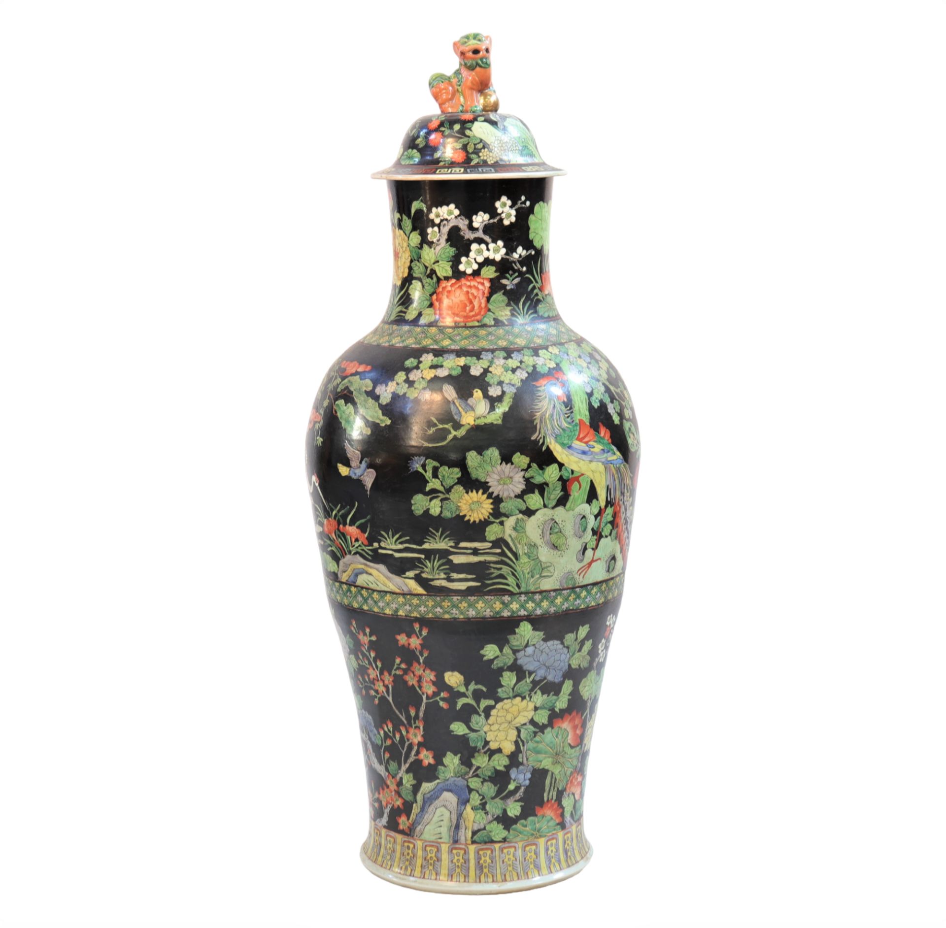 Covered vase from the Famille Noire decorated with flowers and birds from the 19th century - Image 4 of 5