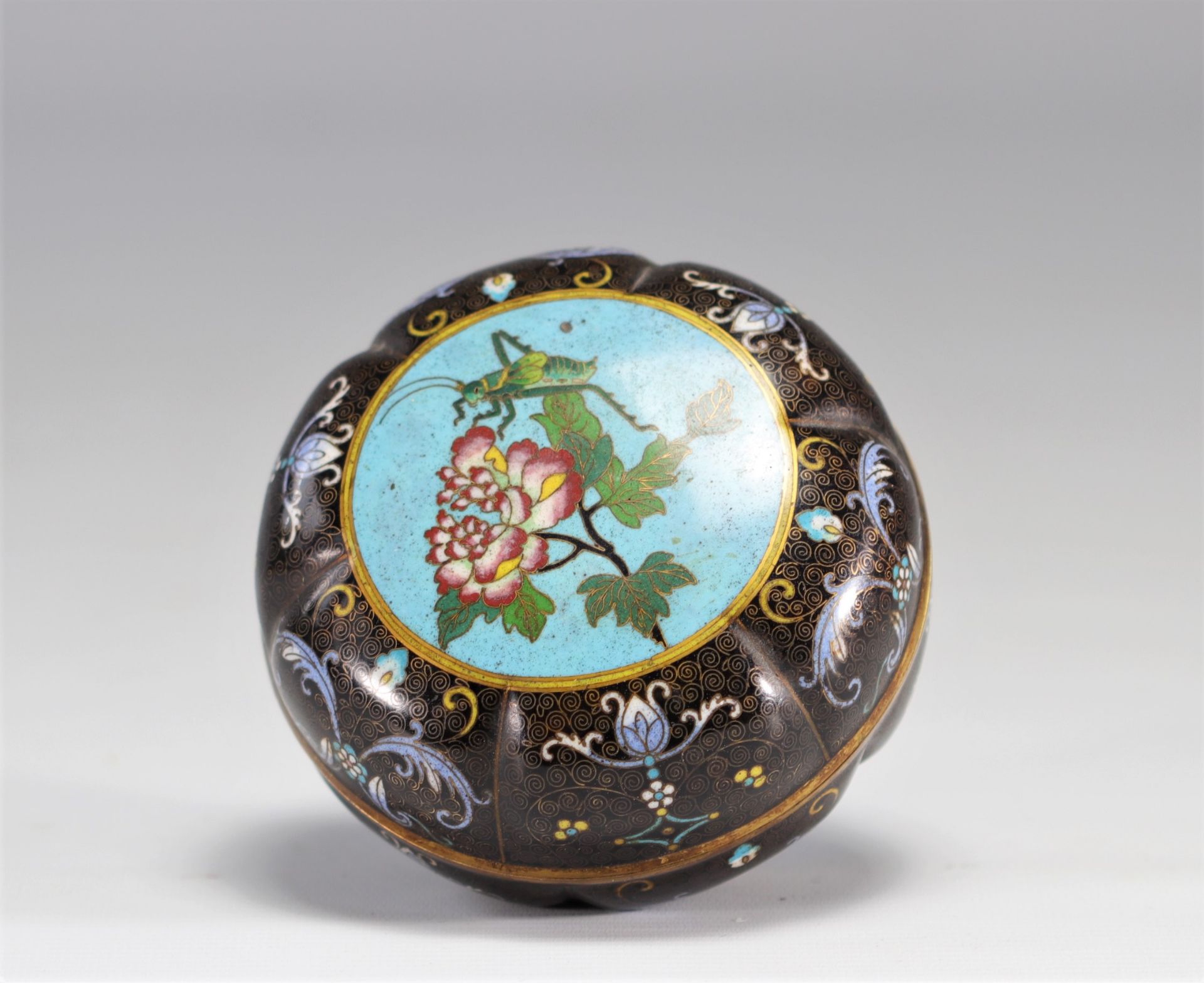 A beautiful cloisonne enamel box decorated with a cricket on a flower from the 19th century from Mei - Image 5 of 5