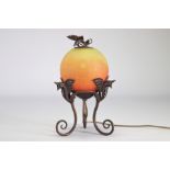 Schneider night light on orange background and young beautiful Art Nouveau bronze frame decorated wi