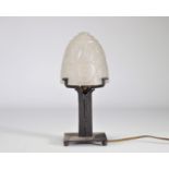 Art Deco desk lamp with hammered wrought iron base with geometric pattern