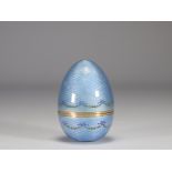 Silver and blue enamel egg decorated with flower garlands