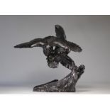 Maximilien Louis FIOT (1886-1953) large bronze with black patina "fighting eagles" Signed on the emb