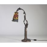 MULLER Brothers Luneville rare Art Nouveau lamp representing a young woman and multi-layer glass wic