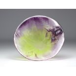 Daum Nancy footed bowl decorated with Iris on a mauve and green background