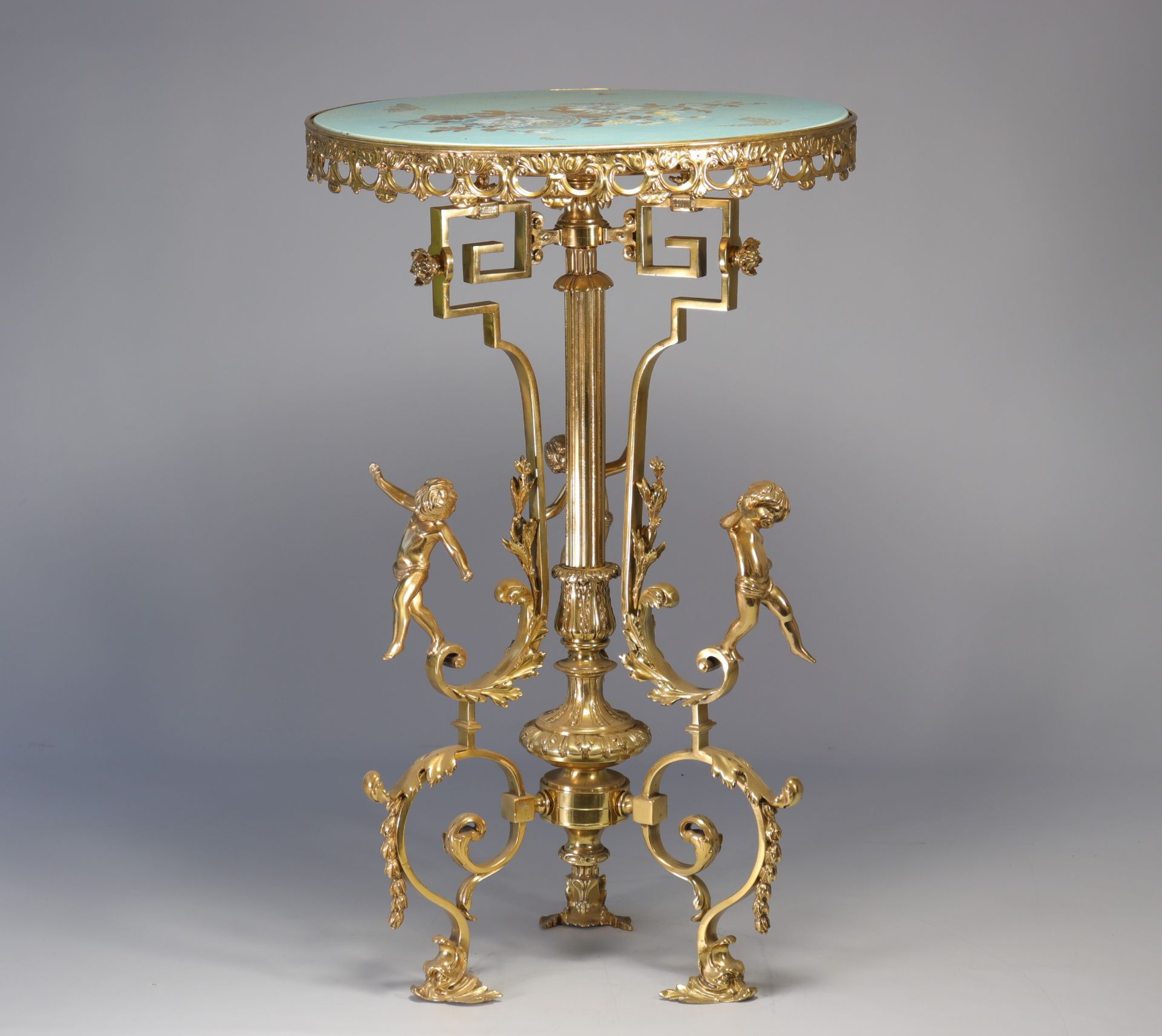 Bronze table with light blue Art Nouveau top decorated with flowers and butterflies - Bild 3 aus 3