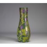 Vilmos ZSOLNAY (1840 - 1900) rare Art Nouveau vase decorated with purple flowers on a green backgrou