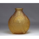 Art Deco satin ocher ball vase with geometric patterns