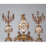 Imposing pendulum and candelabra set in bronze and porcelain decorated with flowers and characters