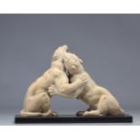 Sculpture "the battle of the lionesses" terracotta signed Carli