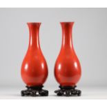 Pair of coral colored Fuzhou lacquer vases