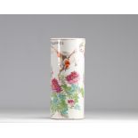 Brush holder in qianjiang cai porcelain decorated with birds and artist signature flowers