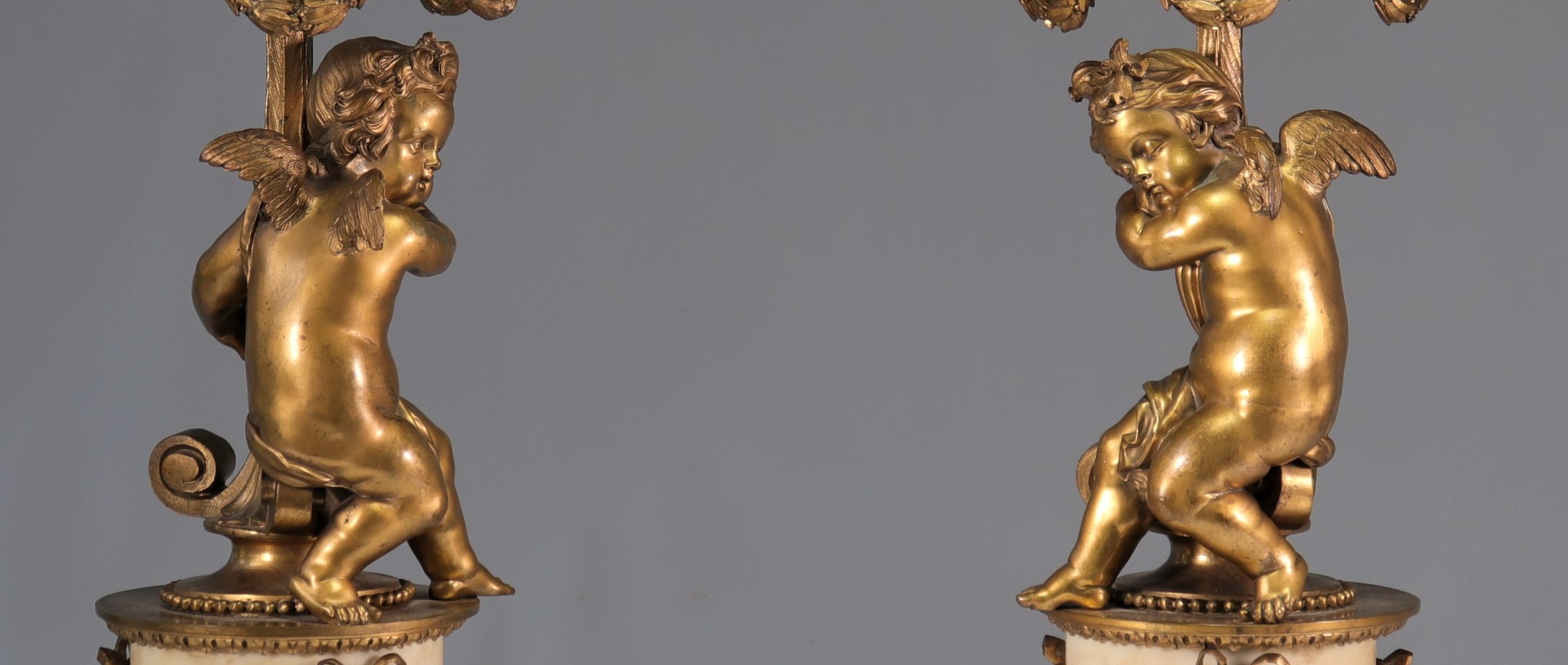 (2) Imposing pair of gilded bronze candelabra with marble base and "angels supporting the torches". - Image 2 of 4