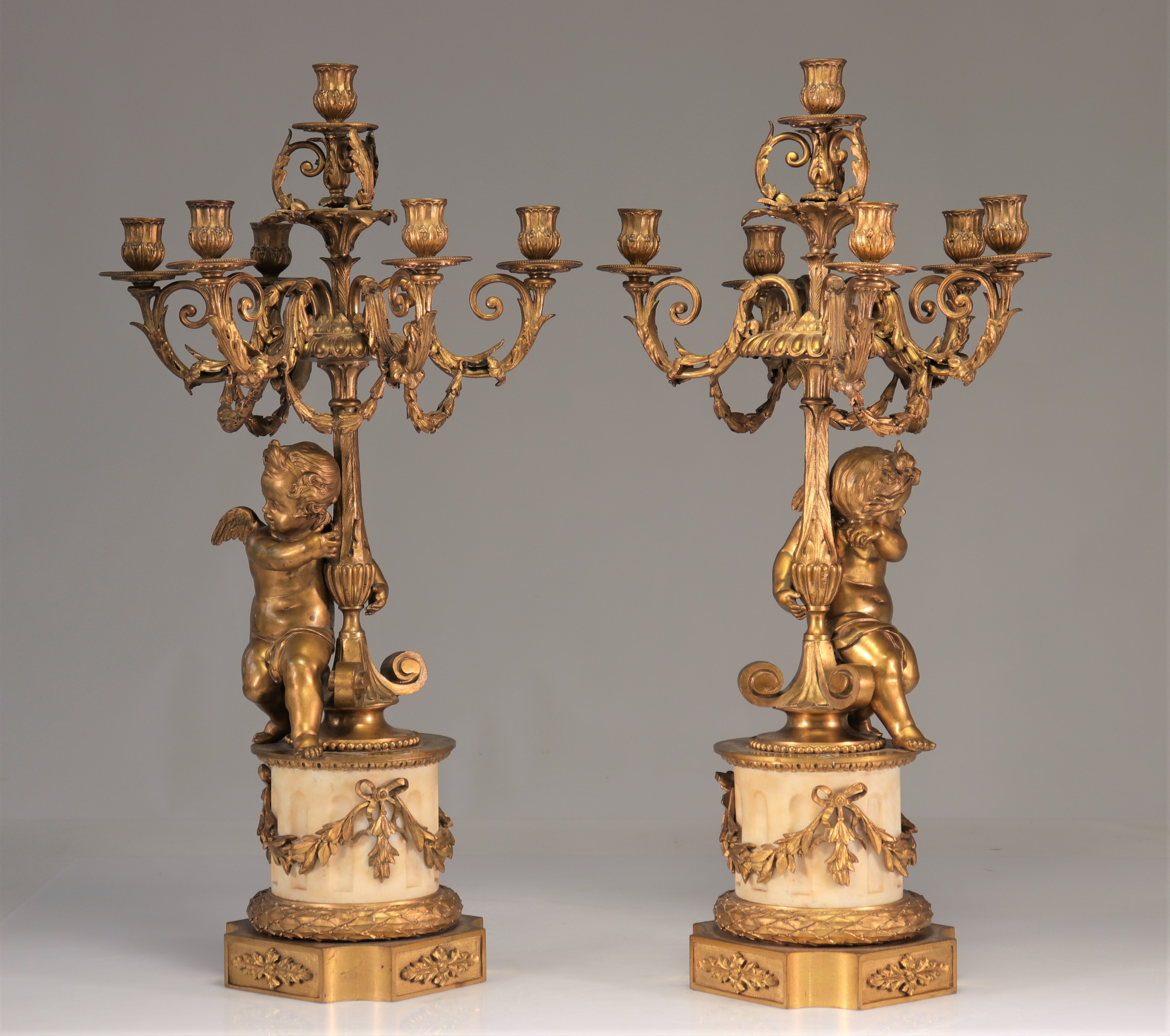 (2) Imposing pair of gilded bronze candelabra with marble base and "angels supporting the torches". - Image 3 of 4