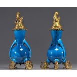 (2) LONGWY pair of blue monochrome vases with Asian-style bronze mounts from 19th century