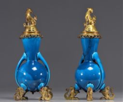 (2) LONGWY pair of blue monochrome vases with Asian-style bronze mounts from 19th century