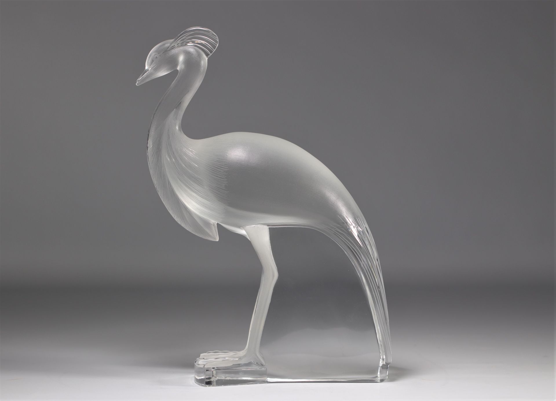 LALIQUE Large sculpture "The Peacock" in pressed white glass